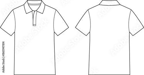 Polo shirt technical drawing, front and back view, collar and placket design, garment template, fashion sketch, flat vector illustration