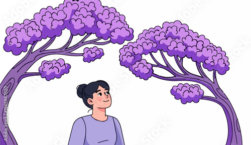 Woman looks up at vibrant purple trees in bloom