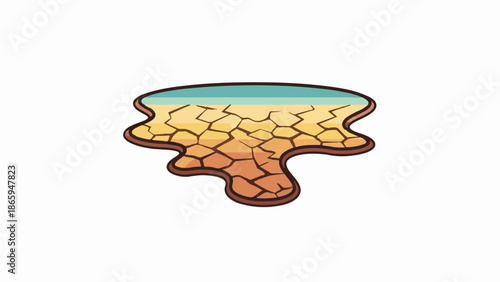 Stylized puddle with cracked dry earth merging into blue water
