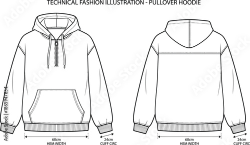 Pullover hoodie technical sketch, front and back view, fashion flat drawing, kangaroo pocket, ribbed cuff, apparel design template, flat vector illustration