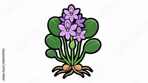 Stylized illustration of a water hyacinth plant with purple flowers and green leaves