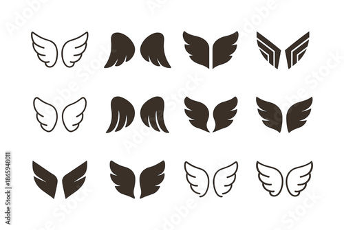 Varied Angel Wing Icons. Religious. Icon set. Set Logo of Religious: angel wings. harmonious logo variations of the same emblematic concept, each