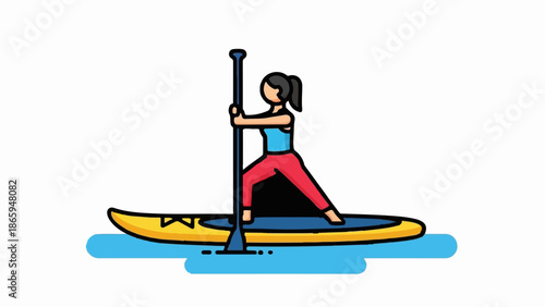 Woman paddleboarding on yellow board in blue water