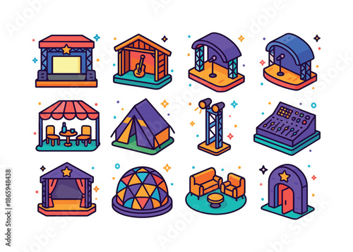Festival Stages Icons. Festival Stages. Colorful isometric vector icons set of Festival Stages: main stage, acoustic stage, electronic stage, indie stage, VIP