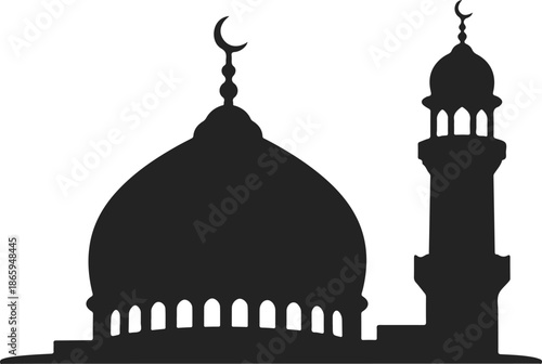 Symbol of Faith An emblematic mosque silhouette, evoking a sense of serenity and reverence, featuring a dome, minaret, and crescent moon, stands as a beacon of devotion and spiritual contemplation.