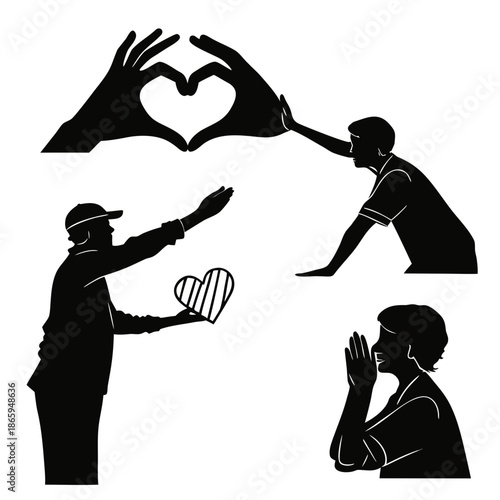 Silhouettes of people making heart shapes
