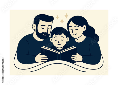 Bedtime Storytime Bliss. Bedtime bonding. Parents reading a book with their child nestled between them; spark icons showing warmth and comfort. Curved lines