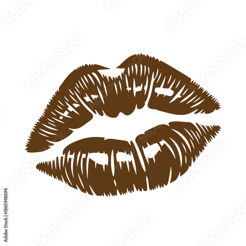 Brown lipstick kiss mark or lips makeup cosmetic beauty symbol isolated on white background