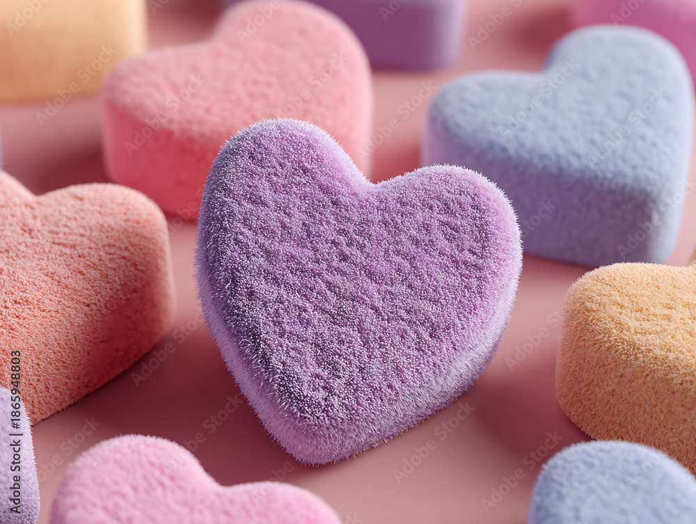 Obraz premium Pastel fluffy hearts scattered on soft pink surface for Valentine's Day