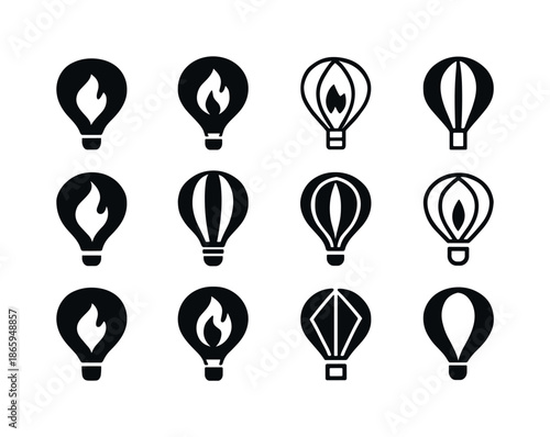 Hot Air Balloon Icons. hot air balloons. Icon set. Set Logo of hot air balloons: balloon burner flame symbol. harmonious logo variations of the same emblematic