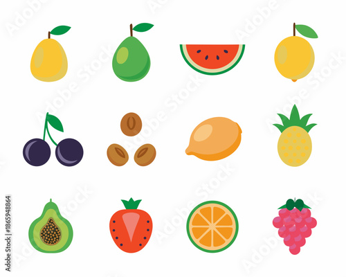 Colorful assortment of fresh fruits including mango watermelon and pineapple icons