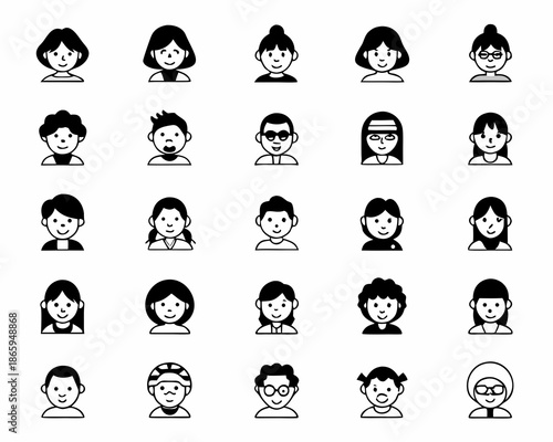 Collection of diverse monochrome avatar icons featuring different hairstyles and appearances