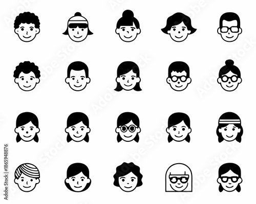 Diverse collection of simple black and white face icons with varying hairstyles