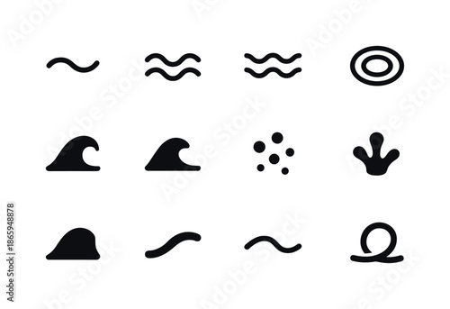 Minimalist Wave Icons. Minimal waves. Solid icon set of Minimal waves: single wave line, double wave line, triple wave line, soft ripple, curve crest, simple