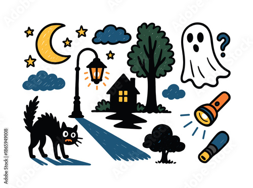 Spooky Night Doodle. Dark shadows. Colorful Hand-drawn doodle Children illustration Dark shadows moon, streetlamp, long shadow on ground, scared cat, tall