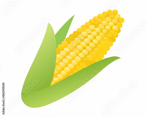 A vibrant illustration of a single ear of corn with green husks