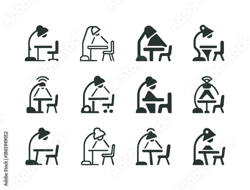 Smart Workspace Icons. Smart Workspaces. Icon set. Set Logo of Smart Workspaces: smart lamp illuminating a workstation. harmonious logo variations of the same