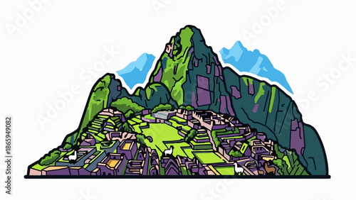 Stylized illustration of an ancient mountain citadel with terraced fields and llama