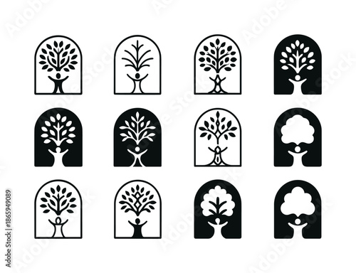 Sacred Sites Icon Set. Tourism and visiting sacred sites. Icon set. Set Logo of Tourism and visiting sacred sites: sacred tree. harmonious logo variations of