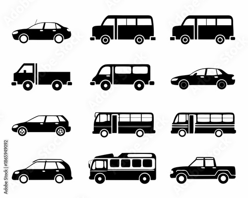 Black silhouette icons depicting various types of vehicles and transportation