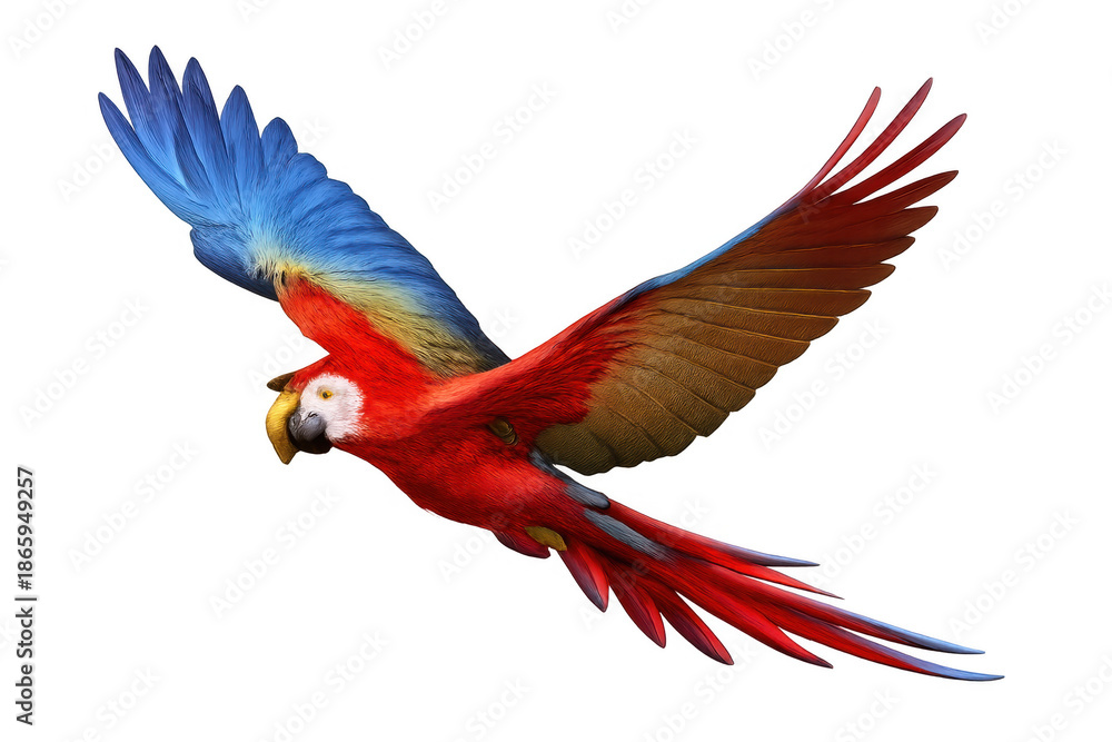 Fototapeta premium Scarlet macaw tropical parrot soaring with colorful wings spread in flight, presenting a concept of freedom