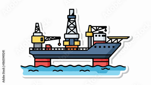 Stylized illustration of an offshore oil rig vessel in blue water