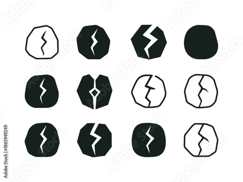 Crack Logo Variations. Crack. Icon set. Set Logo of Crack: fractured stone. harmonious logo variations of the same emblematic concept, each with different