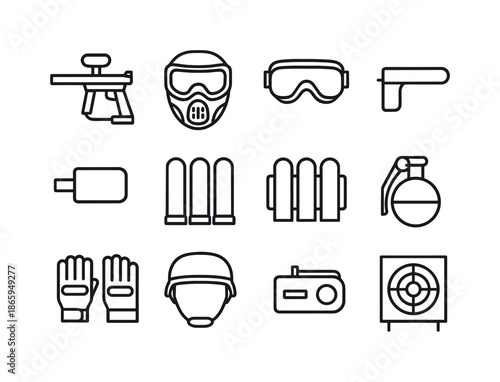 Paintball Gear Icons. Paintball equipment. Line icon set of Paintball equipment: paintball gun, mask, goggles, barrel plug, pods, pod belt, gloves, helmet,