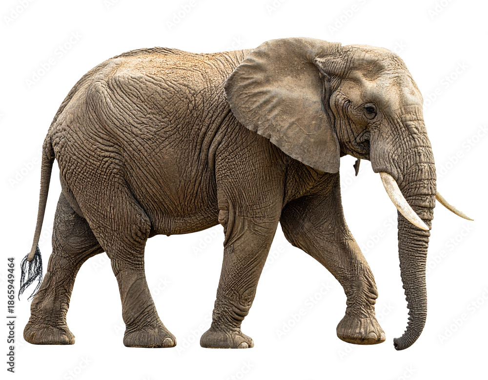 Fototapeta premium Running elephant isolated on white background, cutout, transparent