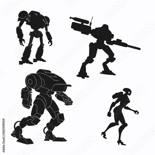 Silhouettes of futuristic robots and characters