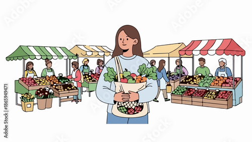 Woman with full grocery bag at outdoor farmer's market with vendors