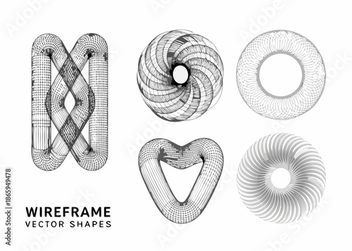 Abstract wireframe vector shapes displaying complex geometric forms and spatial designs