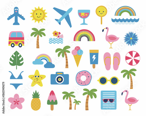 Colorful summer icons featuring tropical elements travel accessories and cheerful designs
