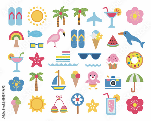 Colorful summer icons featuring beach elements tropical fruits and fun vacation items