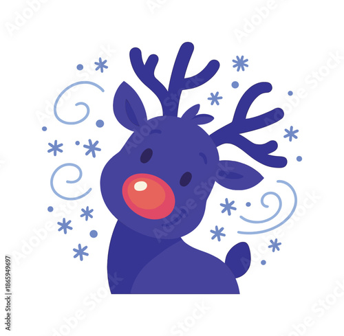 Playful Reindeer Glow. Reindeer nose. A reindeer tilts its head playfully, its bright nose glowing like a tiny lantern. Snowflakes swirl around in soft,