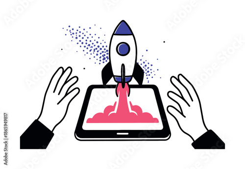 Digital Rocket Launch. Build and launch. A rocket rises from a tablet screen; digital particles drift behind. Hands reach toward the launch glow. Modern