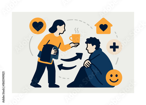 Acts of Kindness. Compassion in action. A person offering a warm blanket or drink; arrows flowing from one figure to another. Icons of care and comfort