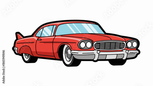 Stylized red vintage coupe with chrome accents and fins