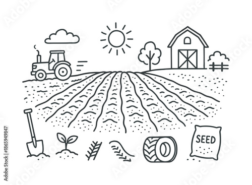 Plowed Field Icons. Plowed field. Hand-drawn doodle illustration plowed field furrow lines, tractor, soil texture, shovel, sprout, wheel tracks, sun, cloud,