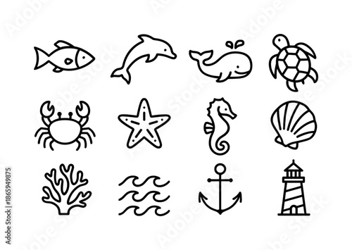 Ocean Icon Collection. Ocean Scratch Art. Line icon set of Ocean Scratch Art: fish, dolphin, whale, turtle, crab, starfish, seahorse, shell, coral, waves,