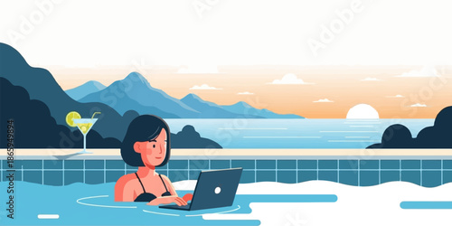 Woman working on a laptop in a pool with a scenic ocean and mountain backdrop at sunset