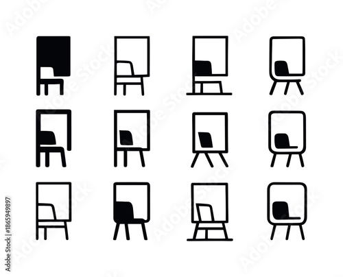 Minimalist Room Icons. Designing a minimalist room. Icon set. Set Logo of designing a minimalist room: framed art rectangle. harmonious logo variations of the