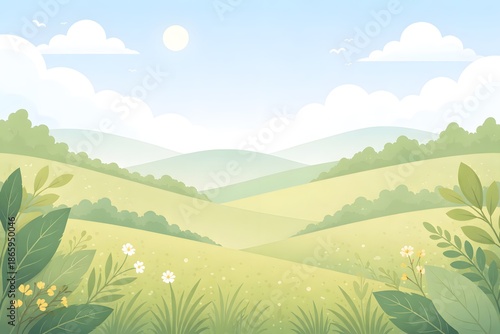 Soft Pastel Countryside Landscape Illustration with Hills and Green Fields