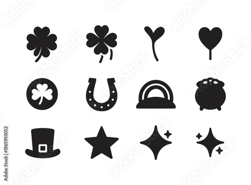 Lucky Clover Icons. Four-leaf clover. Solid icon set of four-leaf clover: single clover, clover bunch, stem, heart-shaped leaf, lucky charm, coin, horseshoe,
