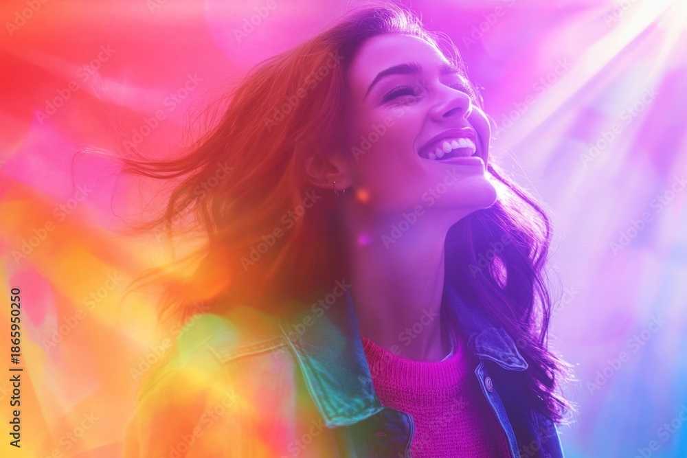 Obraz premium Woman with joyful expression enjoying vibrant colors in a lively outdoor setting