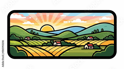 Sunrise over a stylized rural landscape with rolling hills, fields, and houses