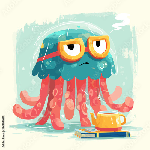 Whimsical Jellyfish Character with Tea Kettle