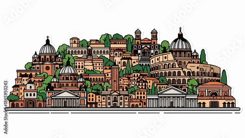 Stylized illustration of ancient Roman landmarks and buildings on a hill