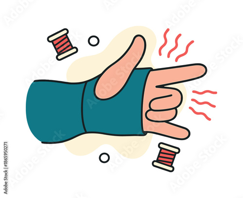 Cozy Sleeve Design. Sleeve over thumb. A hand pokes through a thumb-hole in the sleeve; floating thread icons and warmth waves radiate outward.