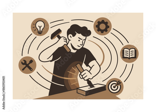 Tool Mastery Practice. Skill mastery. Character practicing with tools and icons circling like planets; dynamic arcs showing repetition. Warm highlight on